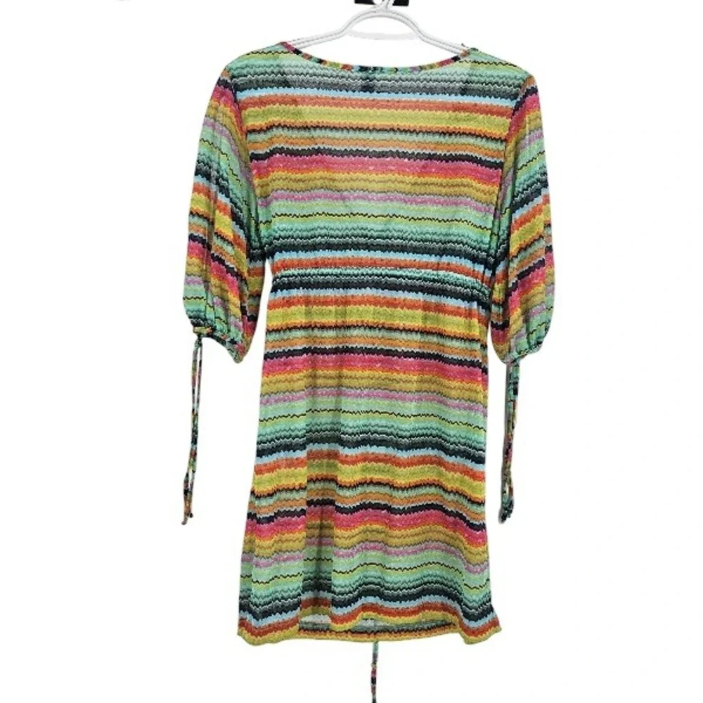 Luli Fama Coverup Dress Multicolor Mesh Sheer Striped Chevron V-neck Tunic Sz S